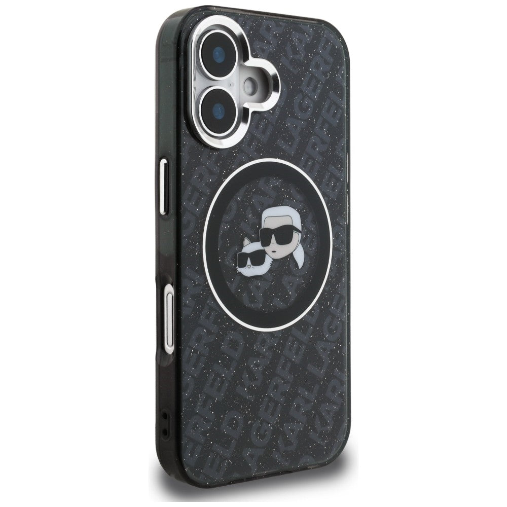 Karl Lagerfeld IML Glitter Karl & Choupette Heads Logo MagSafe dėklas iPhone 16 - Juoda -- iPhone 16