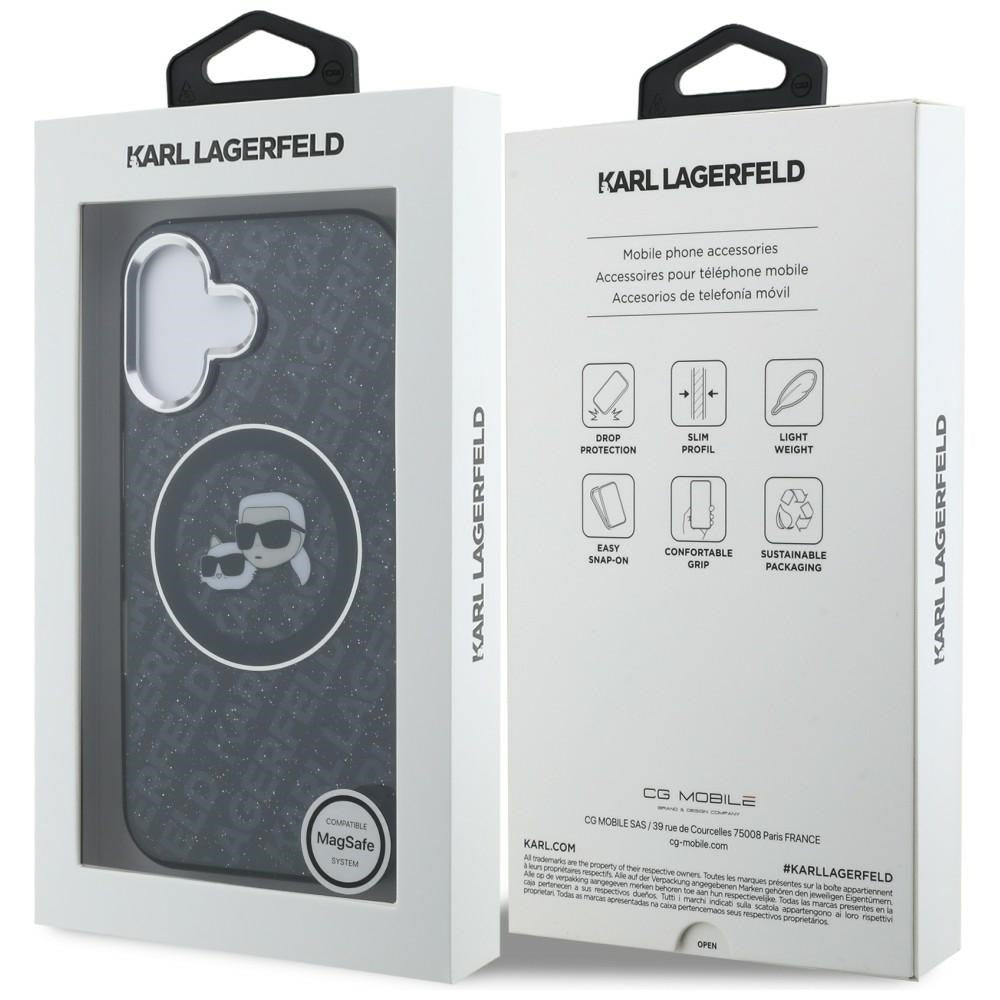 Karl Lagerfeld IML Glitter Karl & Choupette Heads Logo MagSafe dėklas iPhone 16 - Juoda -- iPhone 16