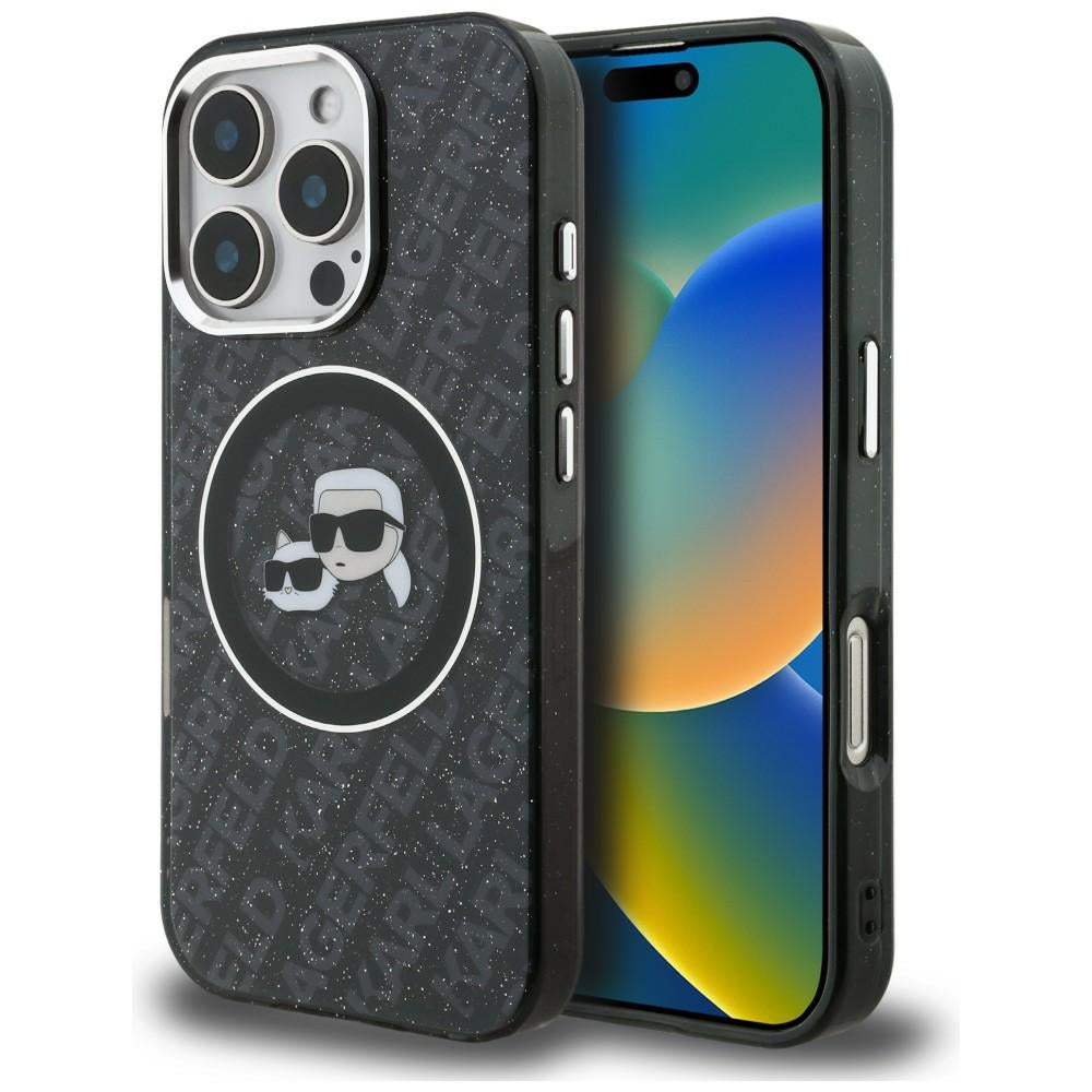 Karl Lagerfeld IML Glitter Karl & Choupette Heads Logo MagSafe dėklas iPhone 16 Pro - Juoda -- iPhone 16 Pro