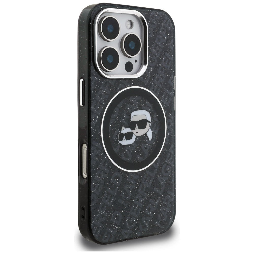 Karl Lagerfeld IML Glitter Karl & Choupette Heads Logo MagSafe dėklas iPhone 16 Pro Max - Juoda -- iPhone 16 Pro Max