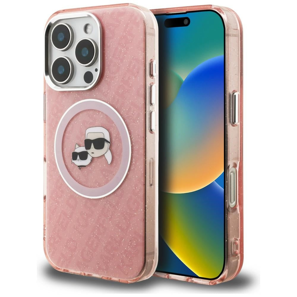 Karl Lagerfeld IML Glitter Karl & Choupette Heads Logo MagSafe dėklas iPhone 16 Pro Max - Rožinė -- iPhone 16 Pro Max