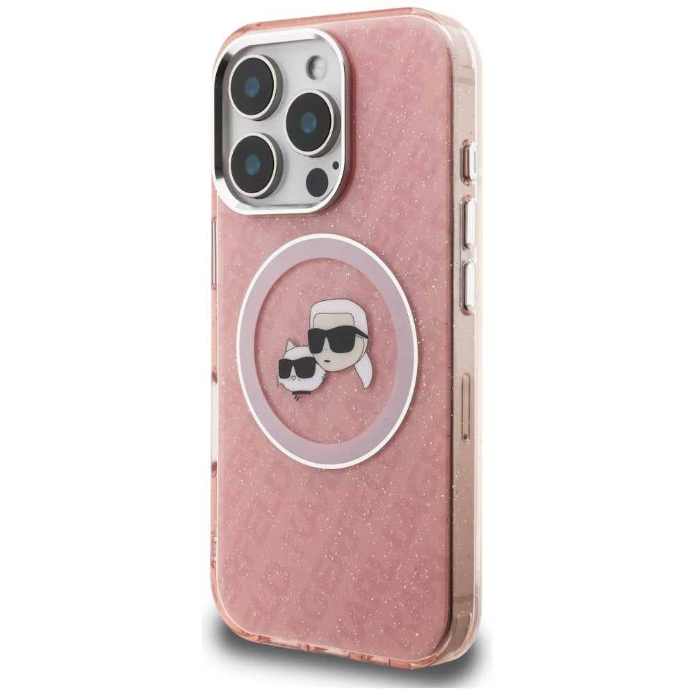Karl Lagerfeld IML Glitter Karl & Choupette Heads Logo MagSafe dėklas iPhone 16 Pro Max - Rožinė -- iPhone 16 Pro Max