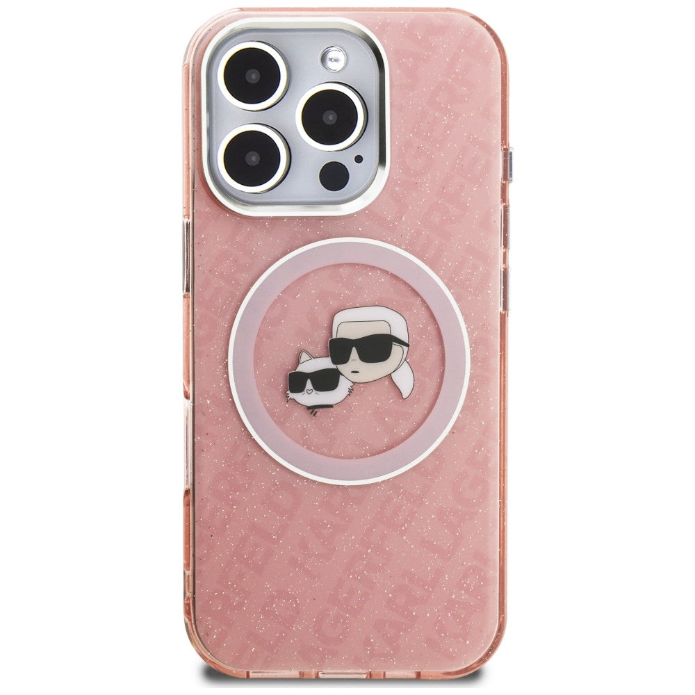 Karl Lagerfeld IML Glitter Karl & Choupette Heads Logo MagSafe dėklas iPhone 16 Pro Max - Rožinė -- iPhone 16 Pro Max