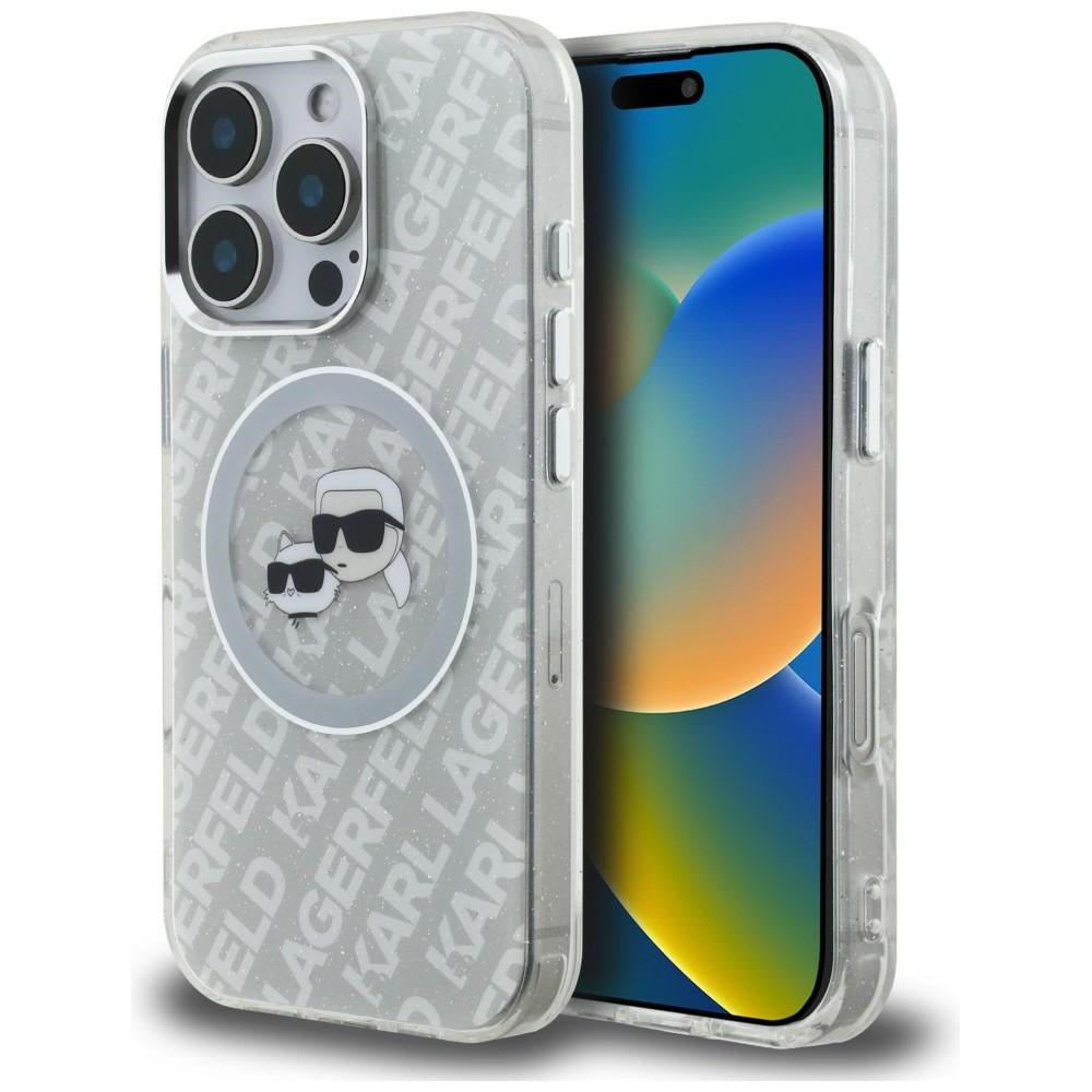 Karl Lagerfeld IML Glitter Karl & Choupette Heads Logo MagSafe dėklas iPhone 16 Pro Max - Pilka -- iPhone 16 Pro Max