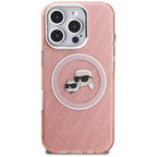 Karl Lagerfeld IML Glitter Karl & Choupette Heads Logo MagSafe dėklas, skirtas iPhone 16 Pro - Rožinis -- iPhone 16 Pro