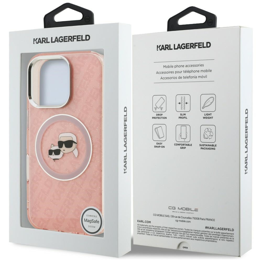 Karl Lagerfeld IML Glitter Karl & Choupette Heads Logo MagSafe dėklas, skirtas iPhone 16 Pro - Rožinis -- iPhone 16 Pro