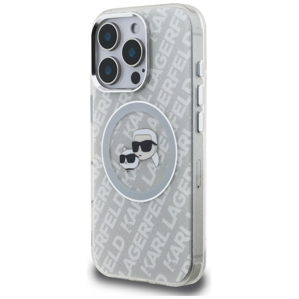 Karl Lagerfeld IML Glitter Karl & Choupette Heads Logo MagSafe dėklas, skirtas iPhone 16 Pro - Pilkas -- iPhone 16 Pro