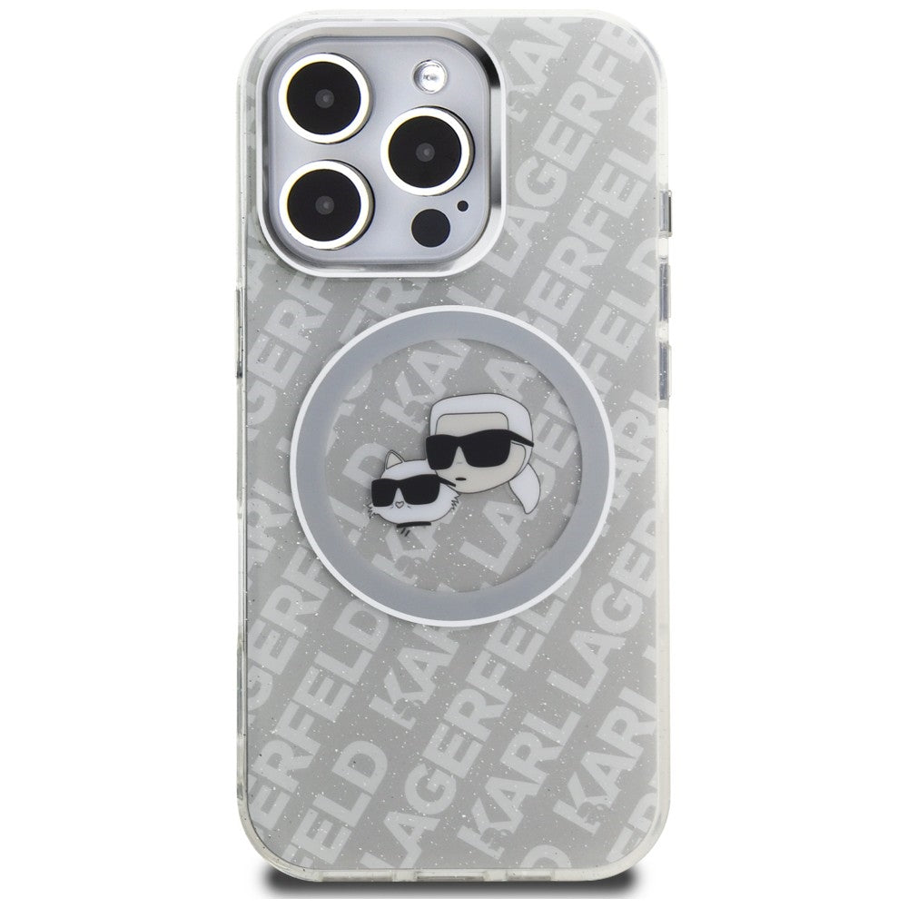 Karl Lagerfeld IML Glitter Karl & Choupette Heads Logo MagSafe dėklas, skirtas iPhone 16 Pro - Pilkas -- iPhone 16 Pro