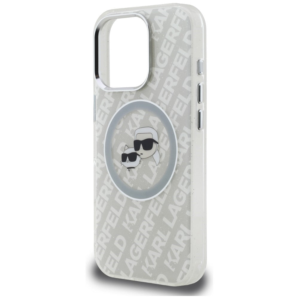 Karl Lagerfeld IML Glitter Karl & Choupette Heads Logo MagSafe dėklas, skirtas iPhone 16 Pro - Pilkas -- iPhone 16 Pro