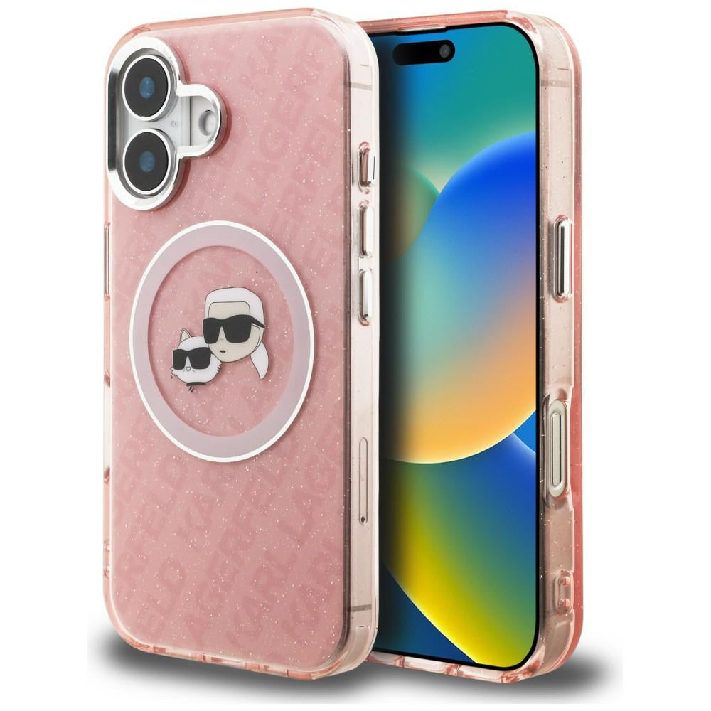 Karl Lagerfeld IML Glitter Karl & Choupette Heads Logo MagSafe iPhone 16 dėklas - Rožinis -- iPhone 16