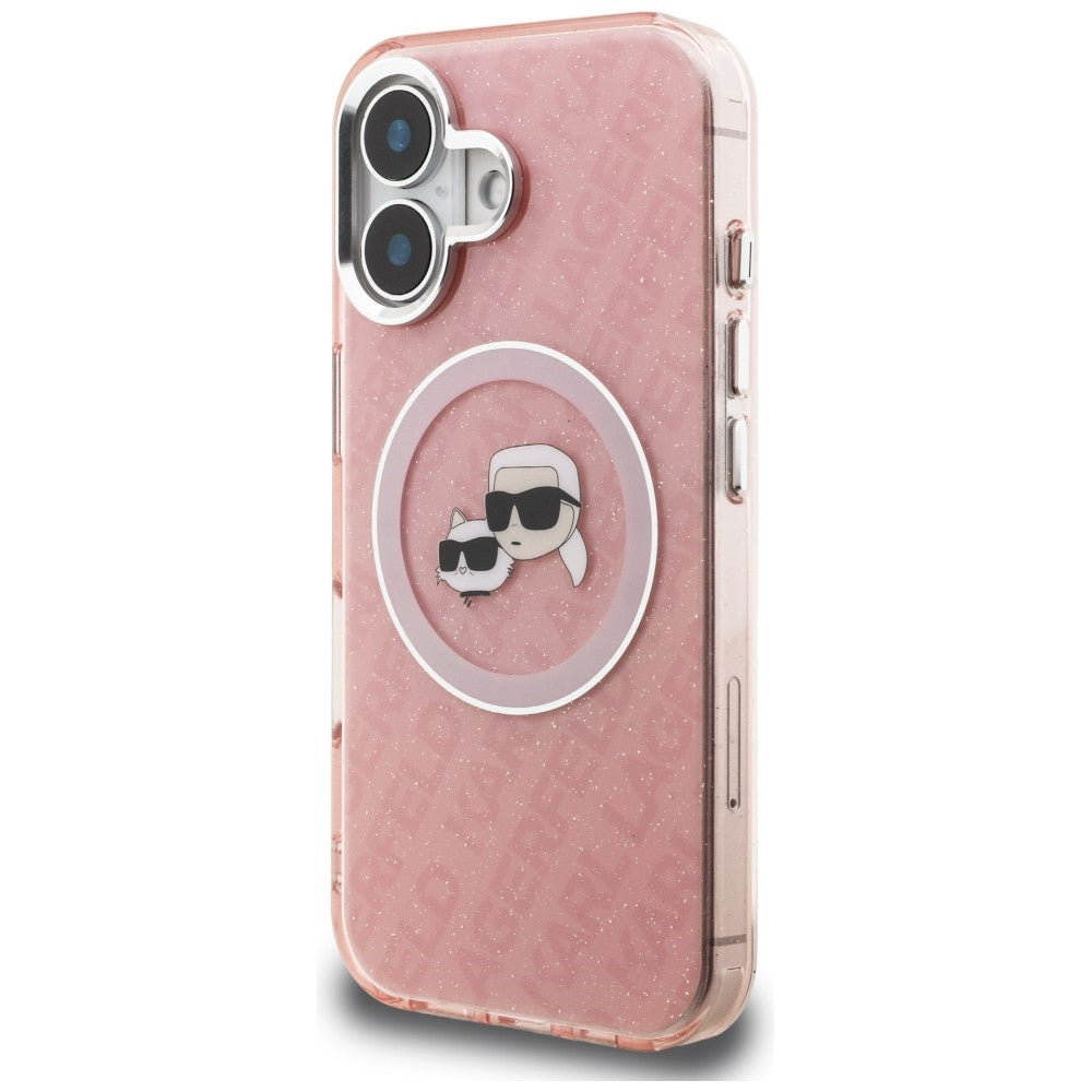Karl Lagerfeld IML Glitter Karl & Choupette Heads Logo MagSafe iPhone 16 dėklas - Rožinis -- iPhone 16