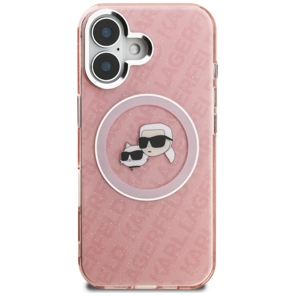 Karl Lagerfeld IML Glitter Karl & Choupette Heads Logo MagSafe iPhone 16 dėklas - Rožinis -- iPhone 16