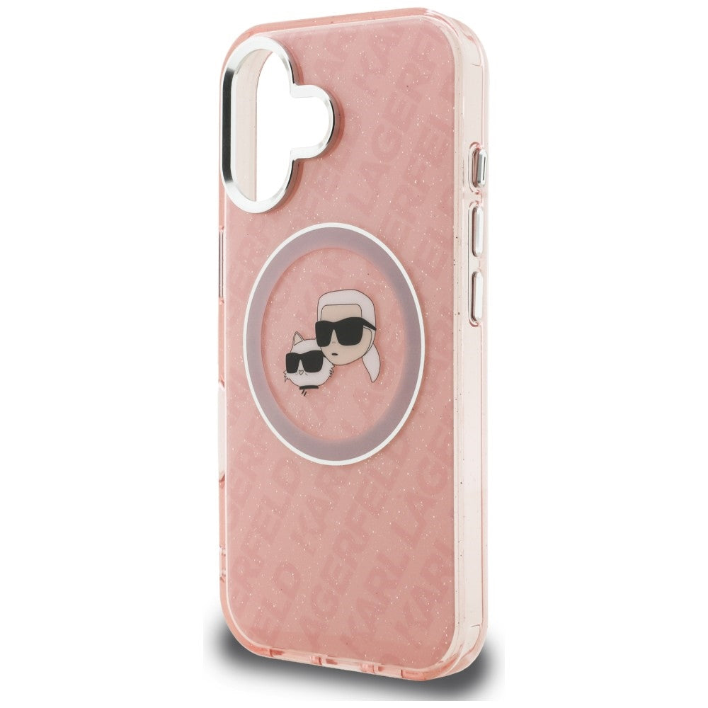 Karl Lagerfeld IML Glitter Karl & Choupette Heads Logo MagSafe iPhone 16 dėklas - Rožinis -- iPhone 16