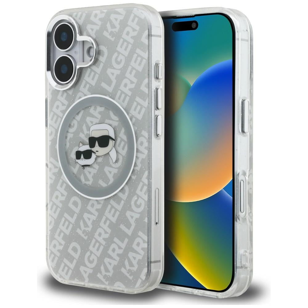 Karl Lagerfeld IML Glitter Karl & Choupette Heads Logo MagSafe iPhone 16 dėklas - Pilkas -- iPhone 16
