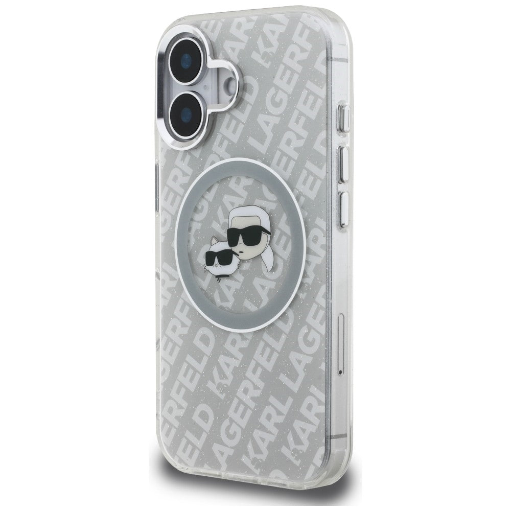 Karl Lagerfeld IML Glitter Karl & Choupette Heads Logo MagSafe iPhone 16 dėklas - Pilkas -- iPhone 16