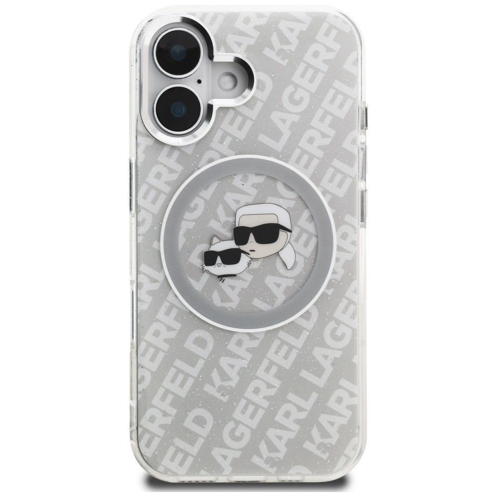Karl Lagerfeld IML Glitter Karl & Choupette Heads Logo MagSafe iPhone 16 dėklas - Pilkas -- iPhone 16