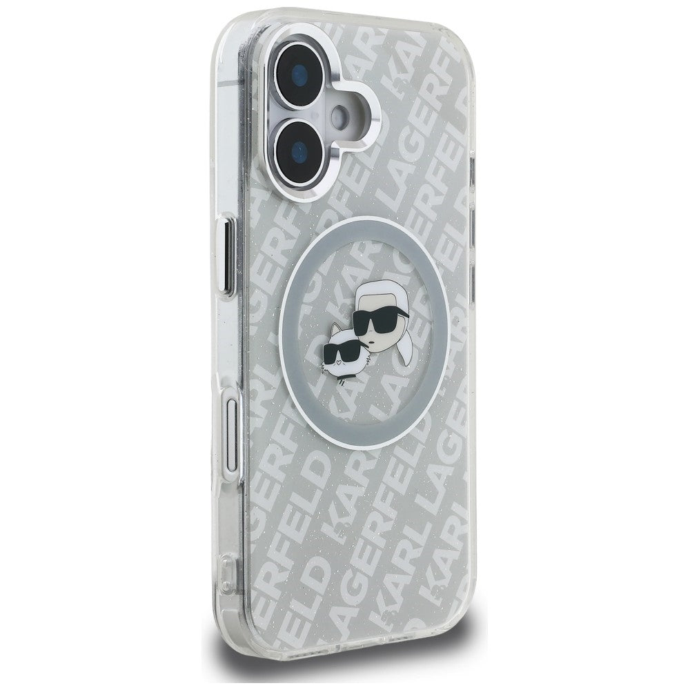 Karl Lagerfeld IML Glitter Karl & Choupette Heads Logo MagSafe iPhone 16 dėklas - Pilkas -- iPhone 16