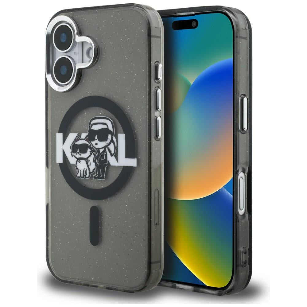 Karl Lagerfeld IML Glitter Karl & Choupette Sketch Logo MagSafe dėklas, skirtas iPhone 16 - Juodas -- iPhone 16