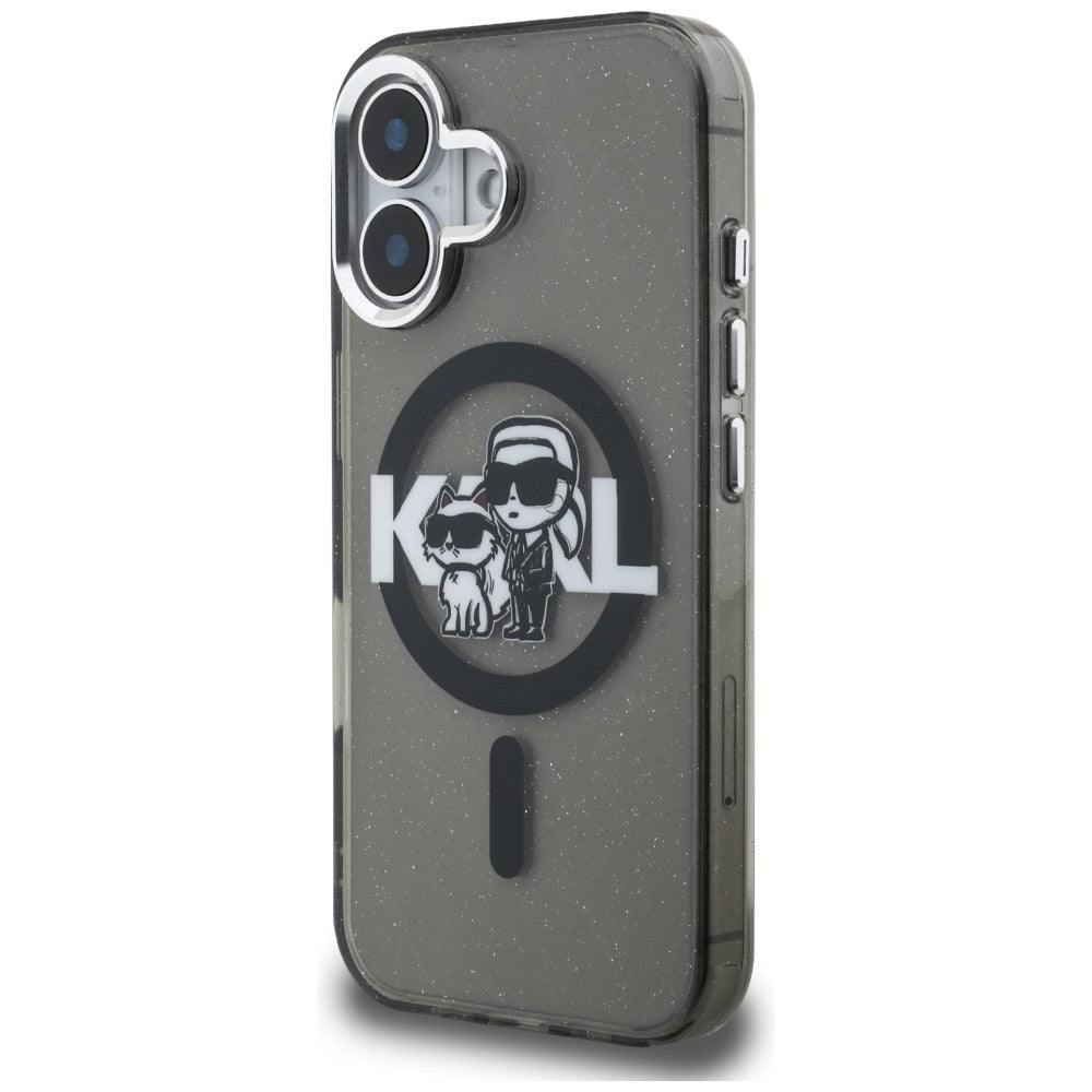 Karl Lagerfeld IML Glitter Karl & Choupette Sketch Logo MagSafe dėklas, skirtas iPhone 16 - Juodas -- iPhone 16
