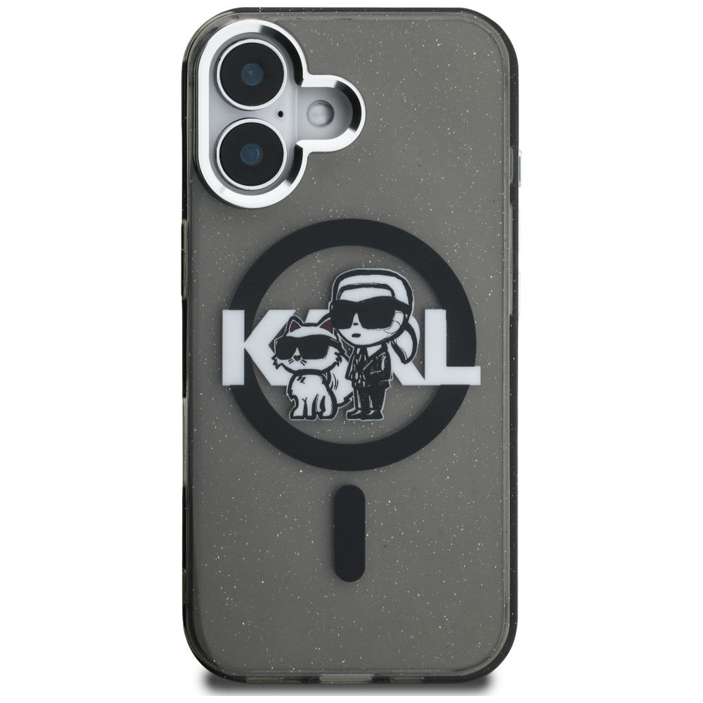 Karl Lagerfeld IML Glitter Karl & Choupette Sketch Logo MagSafe dėklas, skirtas iPhone 16 - Juodas -- iPhone 16
