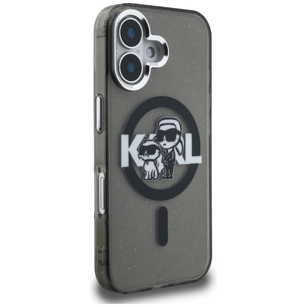 Karl Lagerfeld IML Glitter Karl & Choupette Sketch Logo MagSafe dėklas, skirtas iPhone 16 - Juodas -- iPhone 16