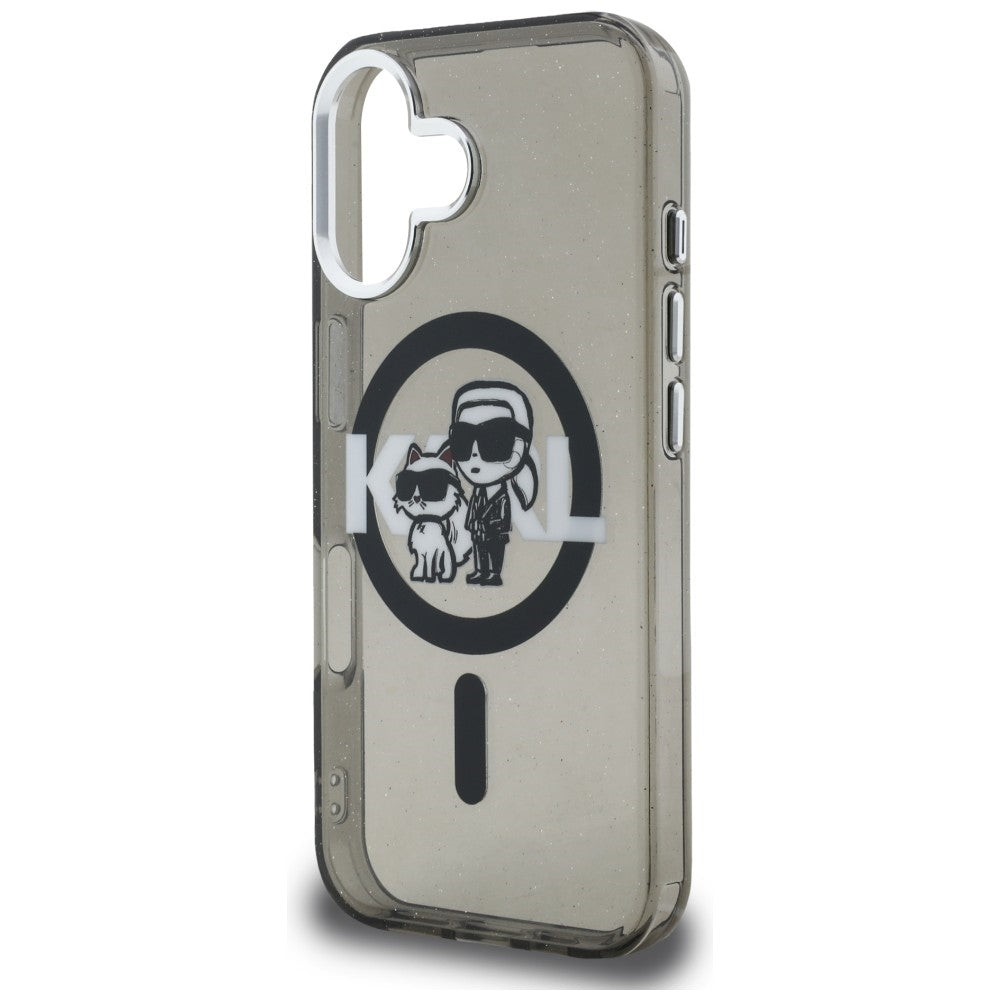 Karl Lagerfeld IML Glitter Karl & Choupette Sketch Logo MagSafe dėklas, skirtas iPhone 16 - Juodas -- iPhone 16