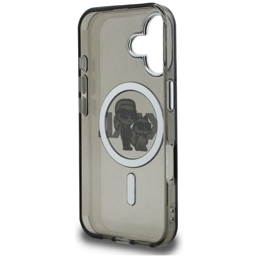 Karl Lagerfeld IML Glitter Karl & Choupette Sketch Logo MagSafe dėklas, skirtas iPhone 16 - Juodas -- iPhone 16