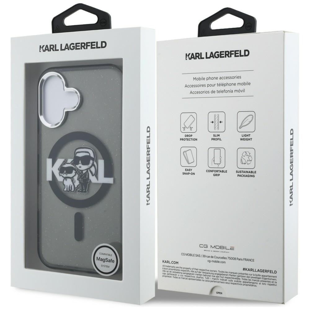 Karl Lagerfeld IML Glitter Karl & Choupette Sketch Logo MagSafe dėklas, skirtas iPhone 16 - Juodas -- iPhone 16