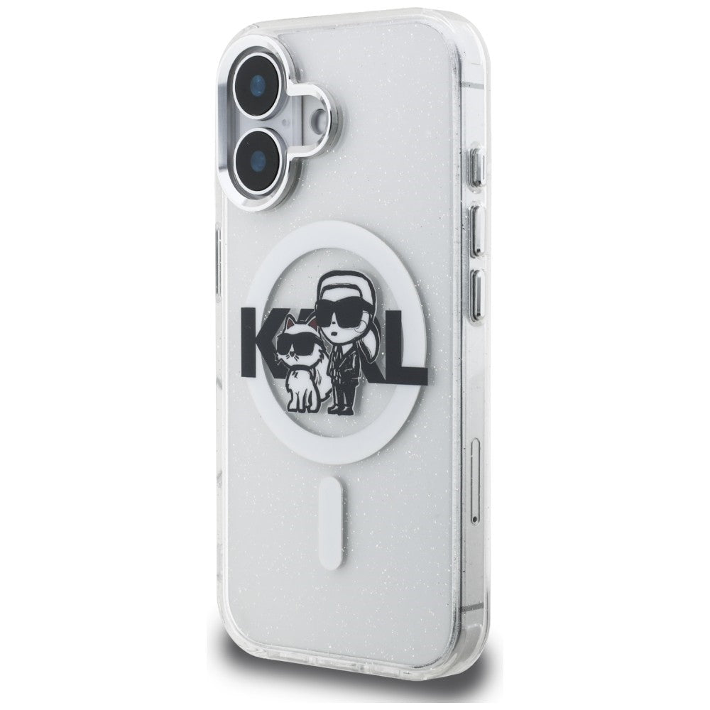 Karl Lagerfeld IML Glitter Karl & Choupette Sketch Logo MagSafe dėklas skirtas iPhone 16 - Permatomas -- iPhone 16