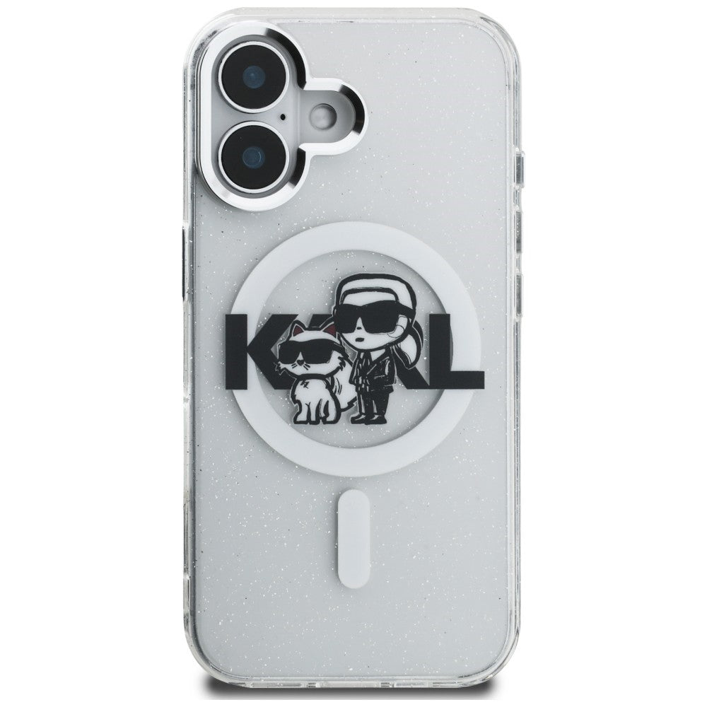 Karl Lagerfeld IML Glitter Karl & Choupette Sketch Logo MagSafe dėklas skirtas iPhone 16 - Permatomas -- iPhone 16
