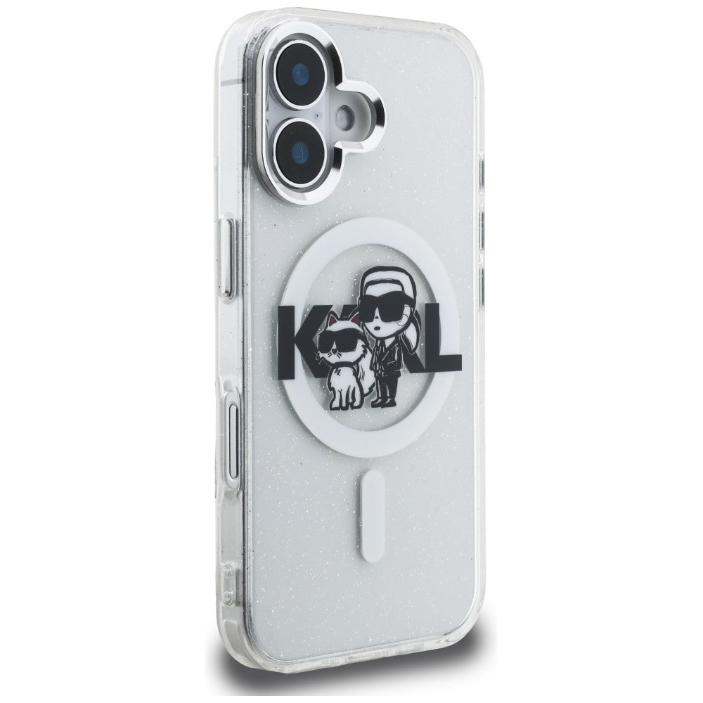 Karl Lagerfeld IML Glitter Karl & Choupette Sketch Logo MagSafe dėklas skirtas iPhone 16 - Permatomas -- iPhone 16