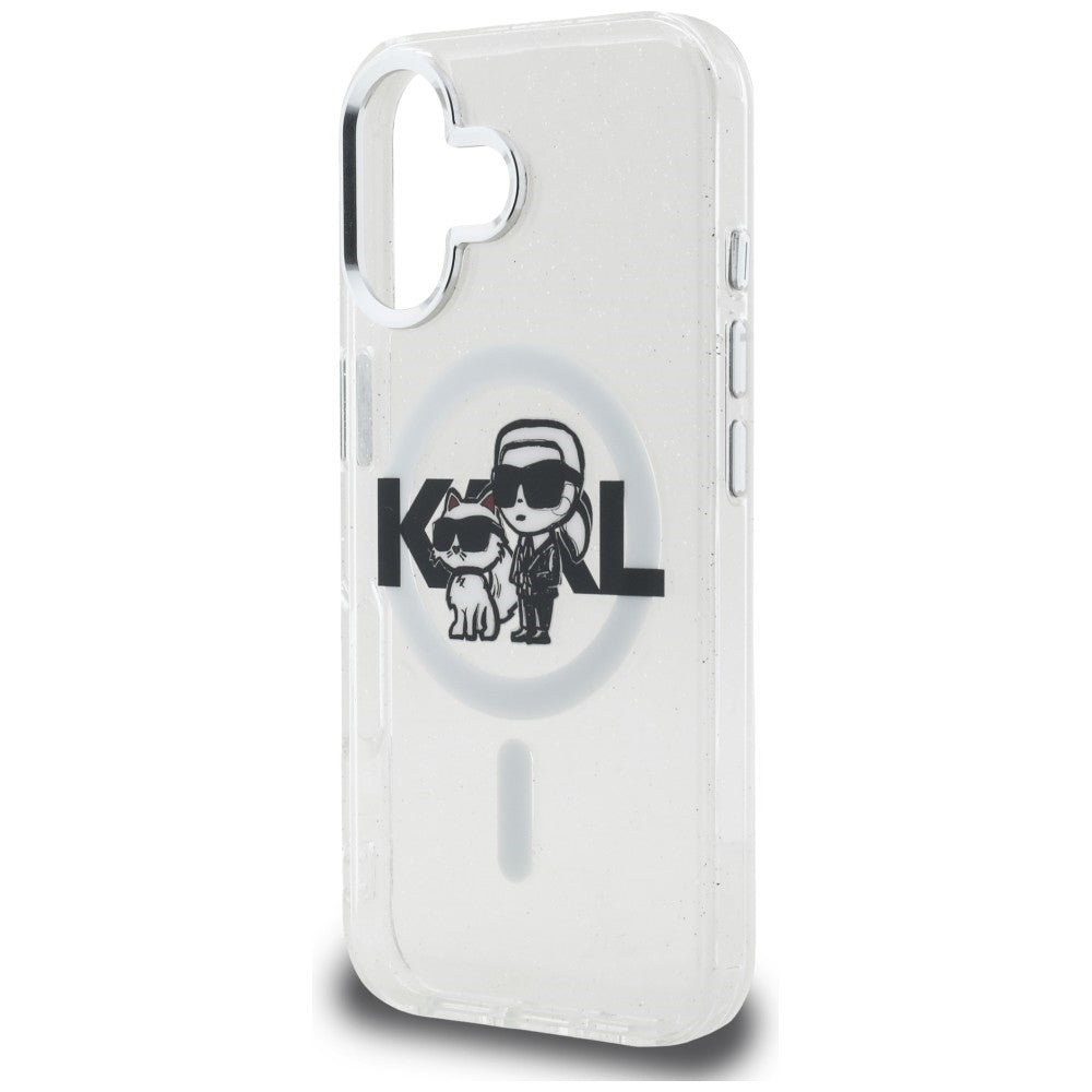 Karl Lagerfeld IML Glitter Karl & Choupette Sketch Logo MagSafe dėklas skirtas iPhone 16 - Permatomas -- iPhone 16