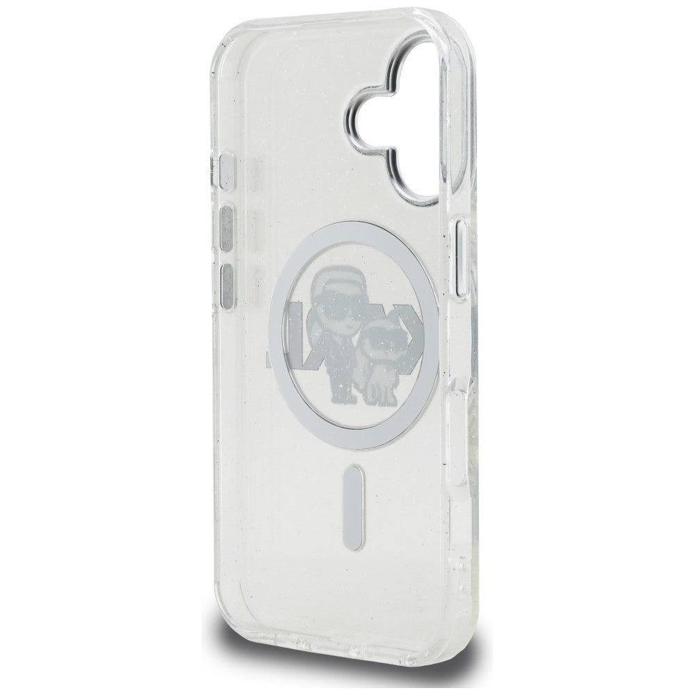 Karl Lagerfeld IML Glitter Karl & Choupette Sketch Logo MagSafe dėklas skirtas iPhone 16 - Permatomas -- iPhone 16
