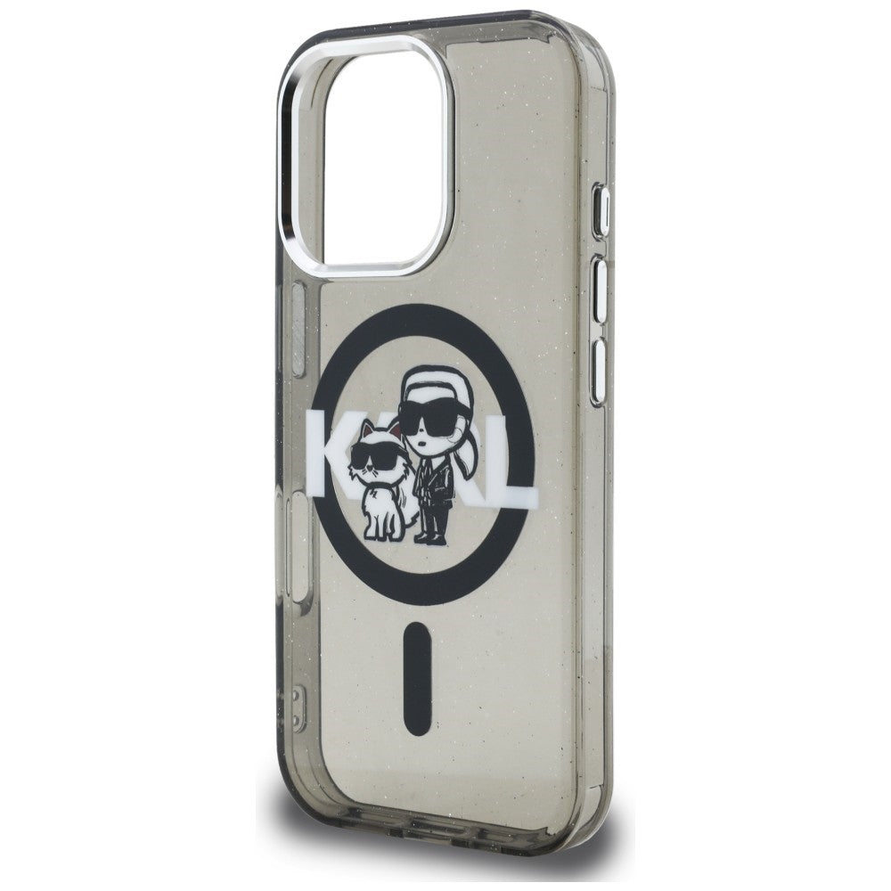 Karl Lagerfeld IML Glitter Karl & Choupette Sketch Logo MagSafe dėklas skirtas iPhone 16 Pro - Juodas -- iPhone 16 Pro