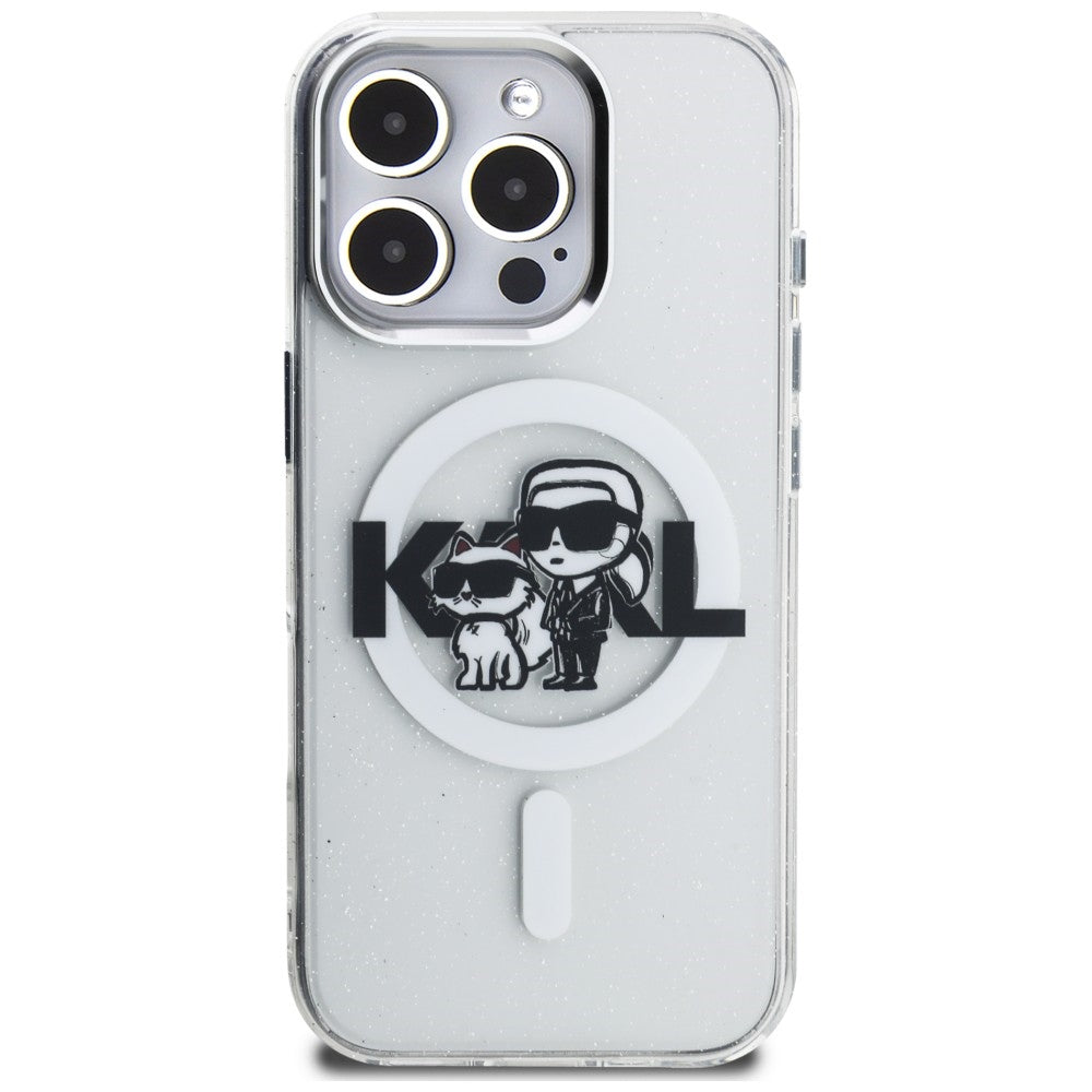 Karl Lagerfeld IML Glitter Karl & Choupette Sketch Logo MagSafe dėklas skirtas iPhone 16 Pro Max - Permatomas -- iPhone...