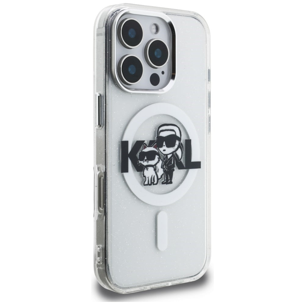 Karl Lagerfeld IML Glitter Karl & Choupette Sketch Logo MagSafe dėklas skirtas iPhone 16 Pro - Permatomas -- iPhone 16 Pro