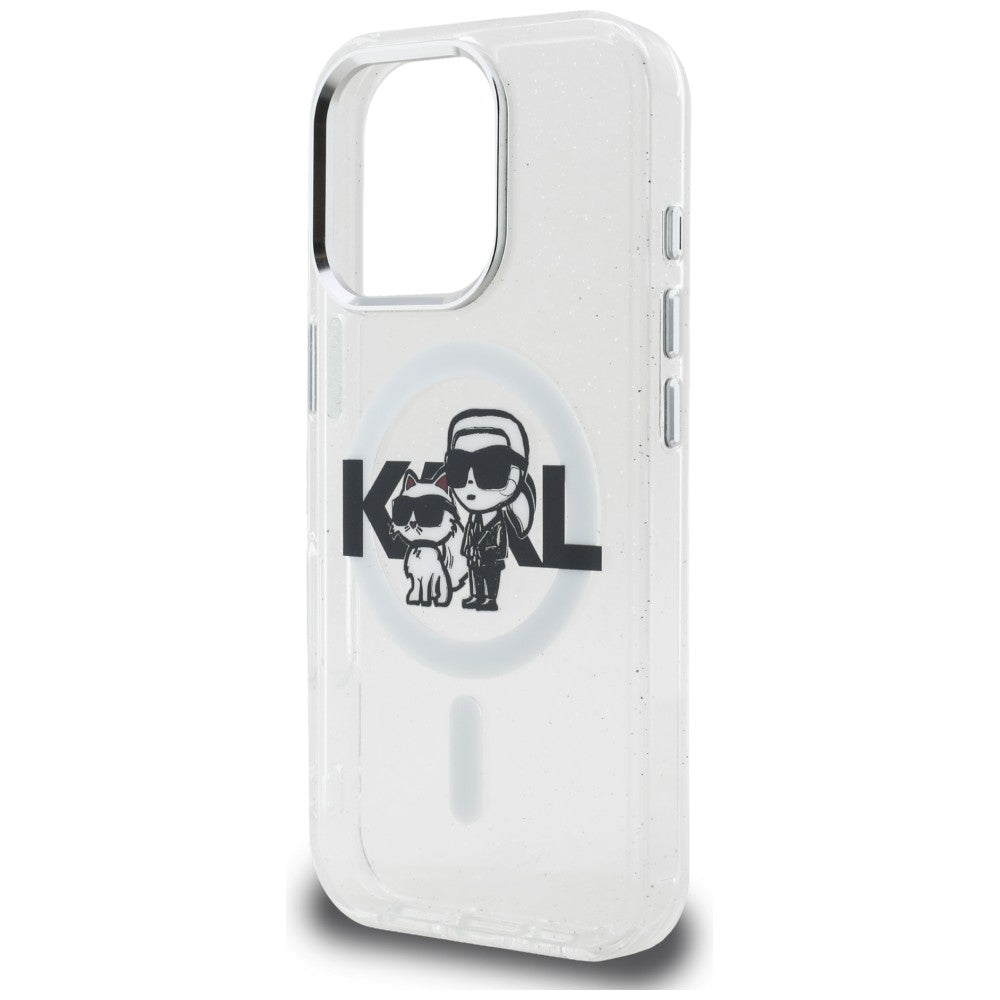 Karl Lagerfeld IML Glitter Karl & Choupette Sketch Logo MagSafe dėklas skirtas iPhone 16 Pro - Permatomas -- iPhone 16 Pro