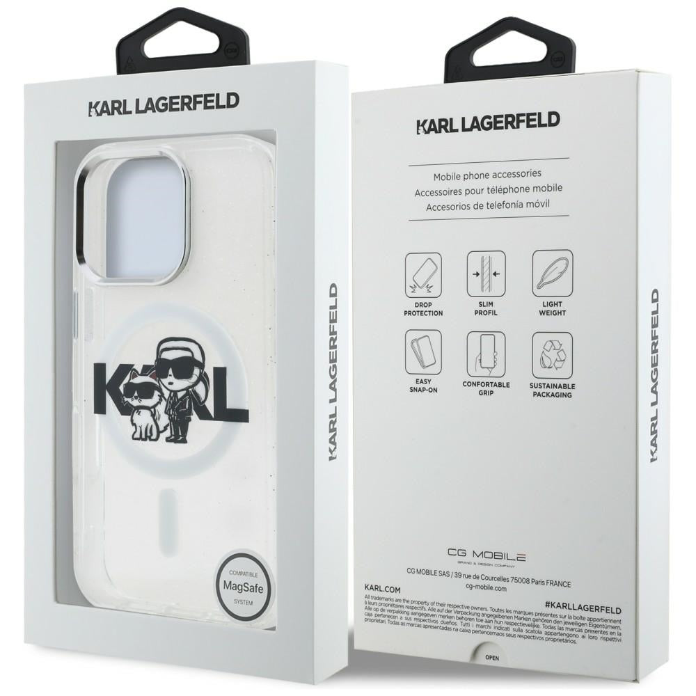 Karl Lagerfeld IML Glitter Karl & Choupette Sketch Logo MagSafe dėklas skirtas iPhone 16 Pro - Permatomas -- iPhone 16 Pro
