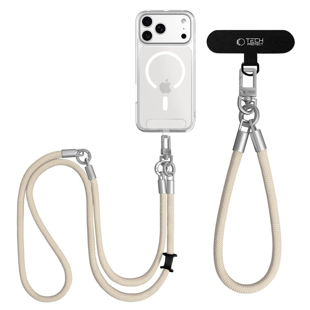 Tech-Protect C10S Telefono virvė peties žemiau (114 cm) + Rankinė juosta (31 cm) - Beige spalva su titanu -- Other phone...