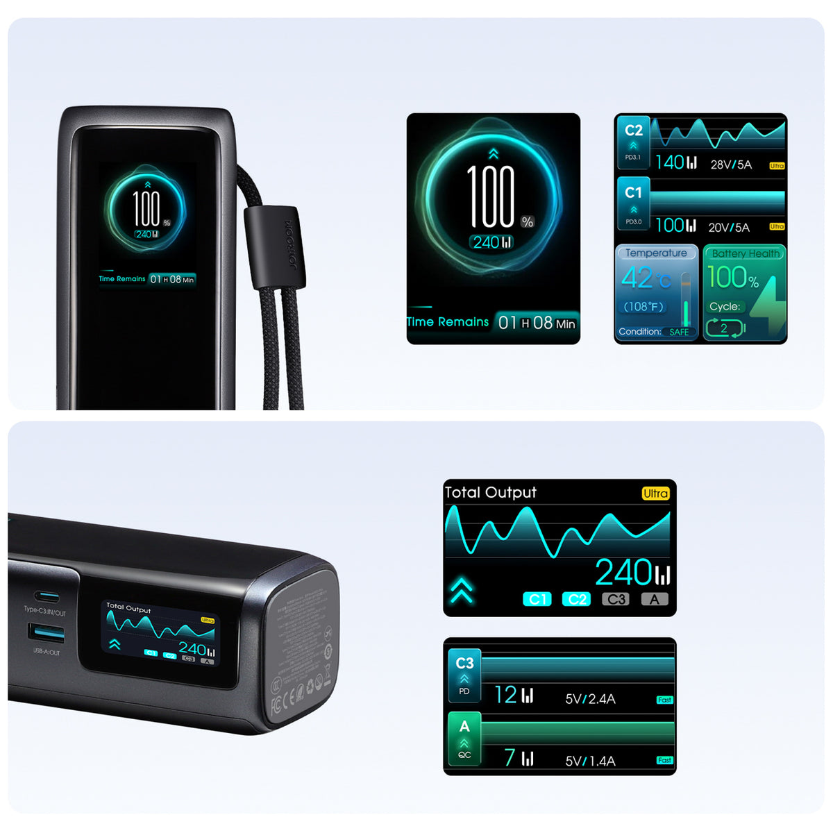 Įkroviklis (Power Bank) Joyroom PODIX PR70 25000mAh iki 240W su dviem įmontuotais USB-C kabeliais ir dviem TFT ekranais –...