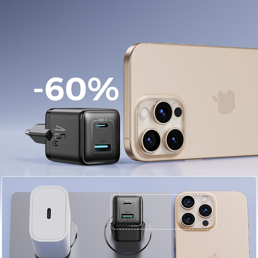 Joyroom JR-TG8 GaN 45W USB-C + USB-A sienininis įkroviklis - Juodas -- Cell phone chargers