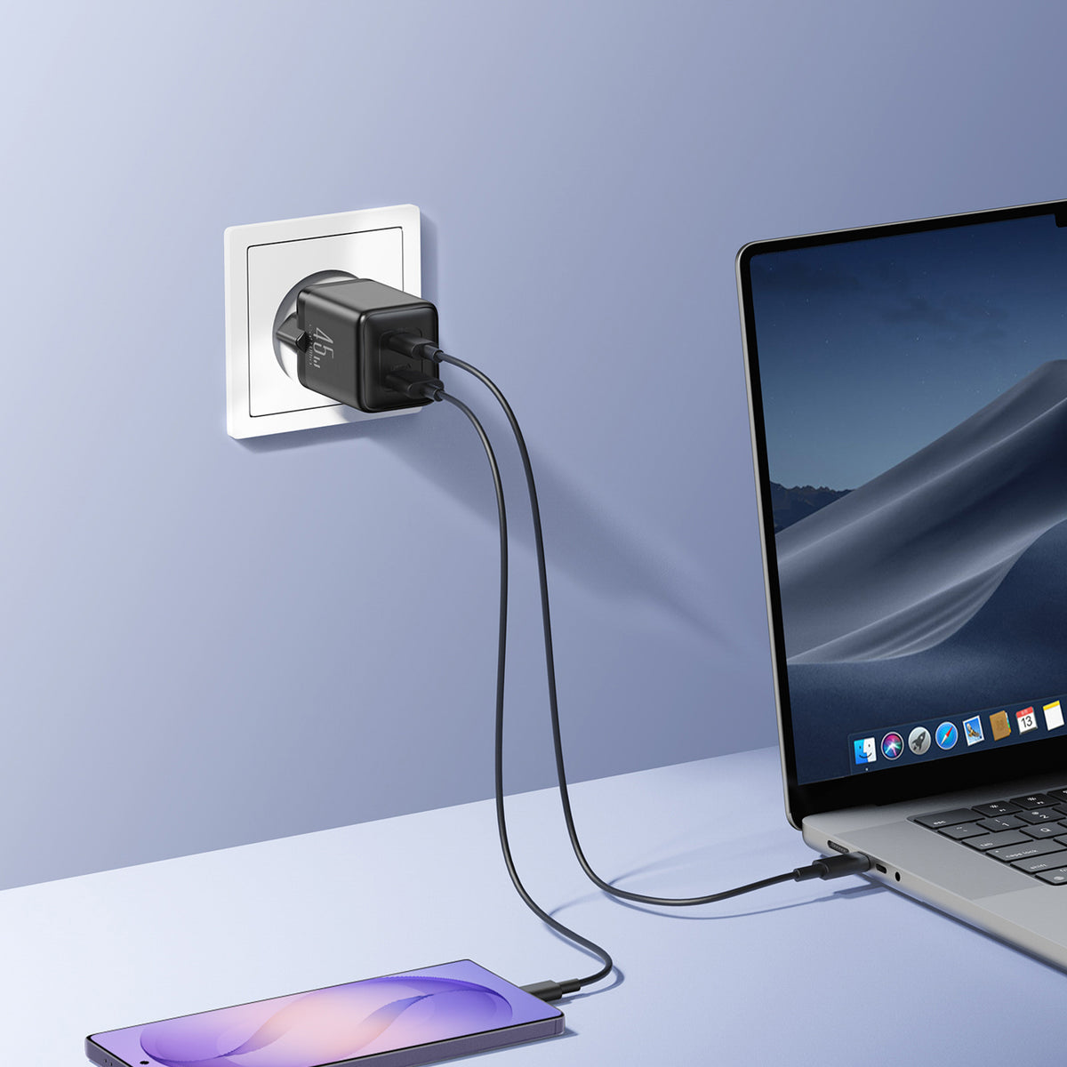 Joyroom JR-TG8 GaN 45W USB-C + USB-A sienininis įkroviklis - Juodas -- Cell phone chargers