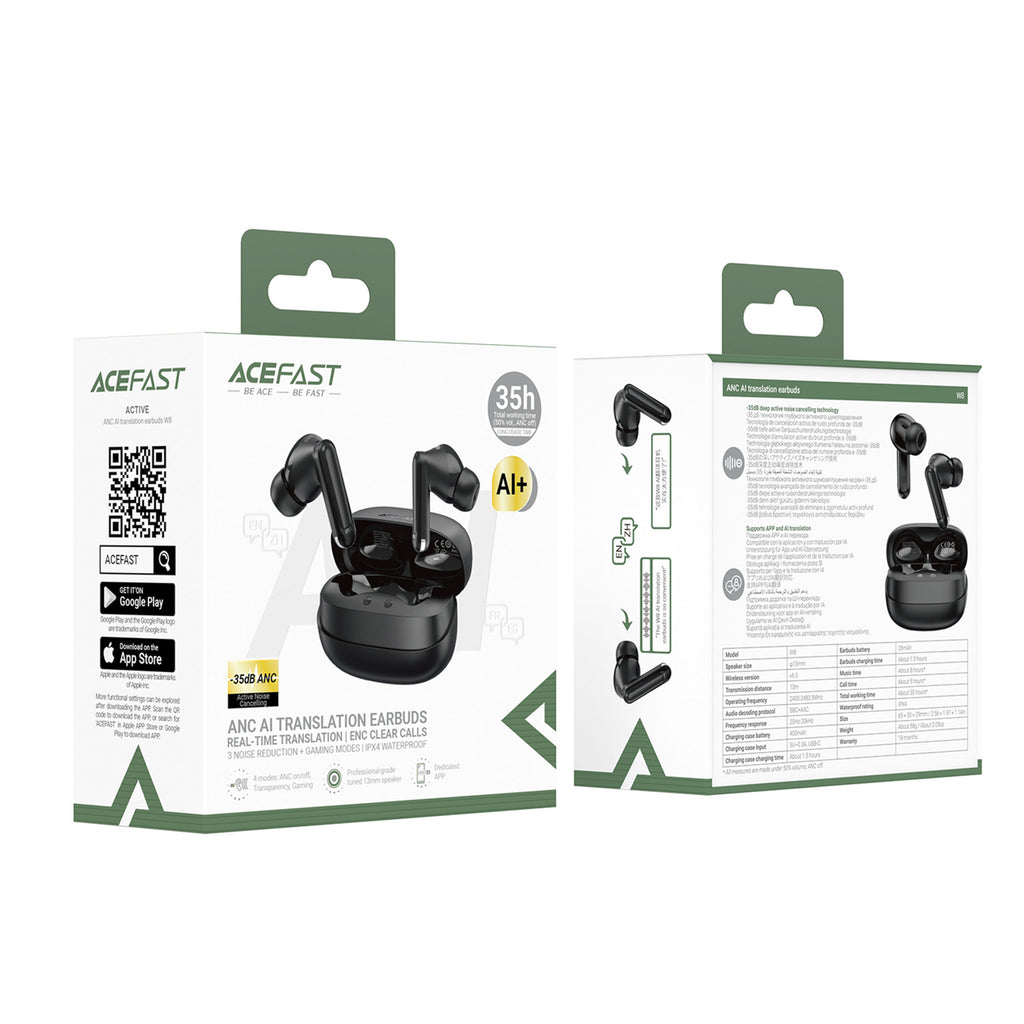 Acefast W8 TWS Belaidės Ausinės su ANC, ENC ir AI Vertimu - Juodos -- Headphones