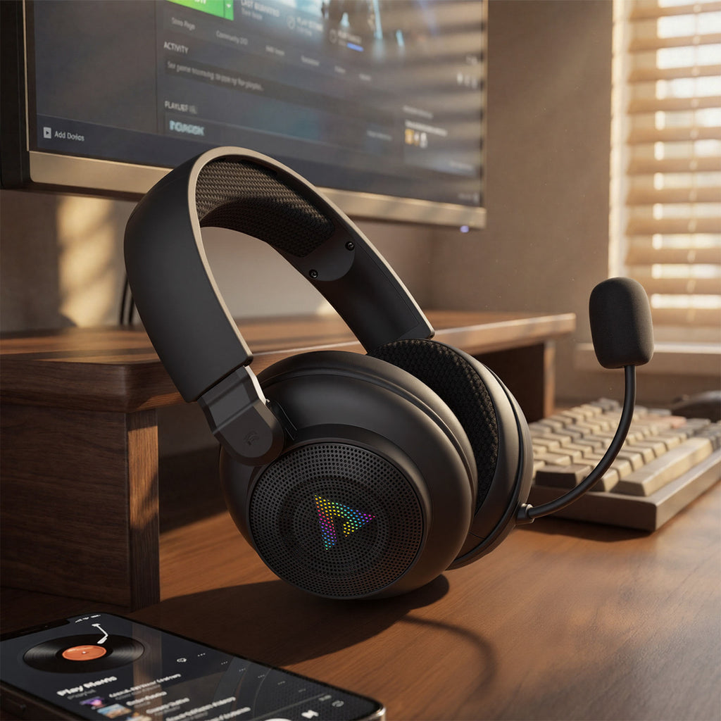 Acefast H15 Belaidės Bluetooth / 2.4 GHz / AUX Žaidimo Ausinės su Mikrofonu ir RGB Fono Šviesom - Juodos -- Headphones