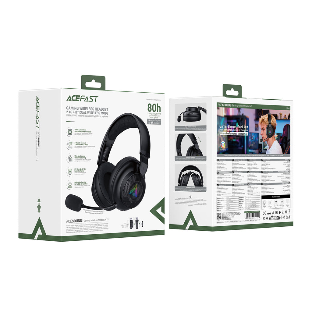 Acefast H15 Belaidės Bluetooth / 2.4 GHz / AUX Žaidimo Ausinės su Mikrofonu ir RGB Fono Šviesom - Juodos -- Headphones