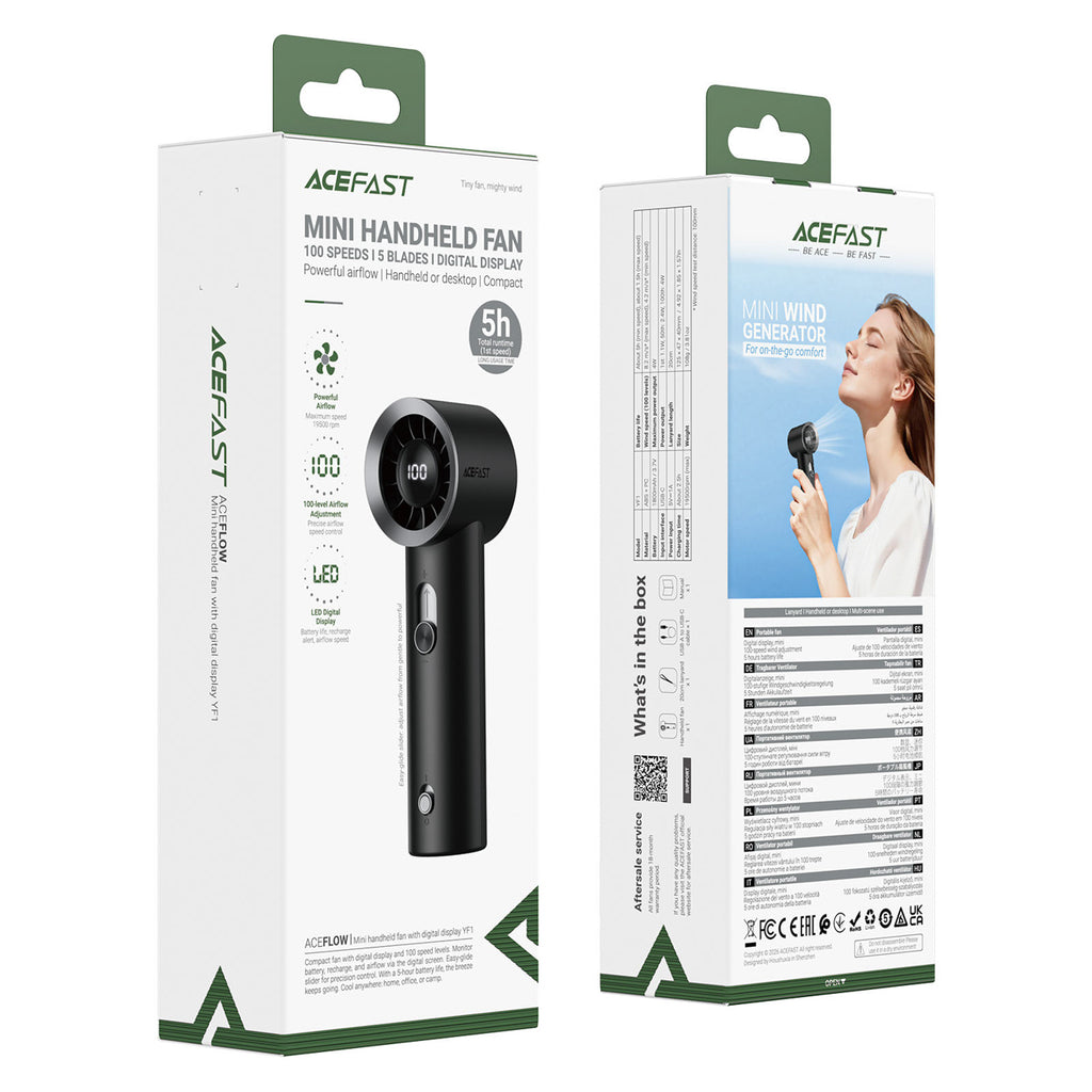 Acefast YF1 Mini rankinis ventiliatorius su LED ekranu ir laisvai reguliuojama oro srauto - juodas -- Handheld Fans