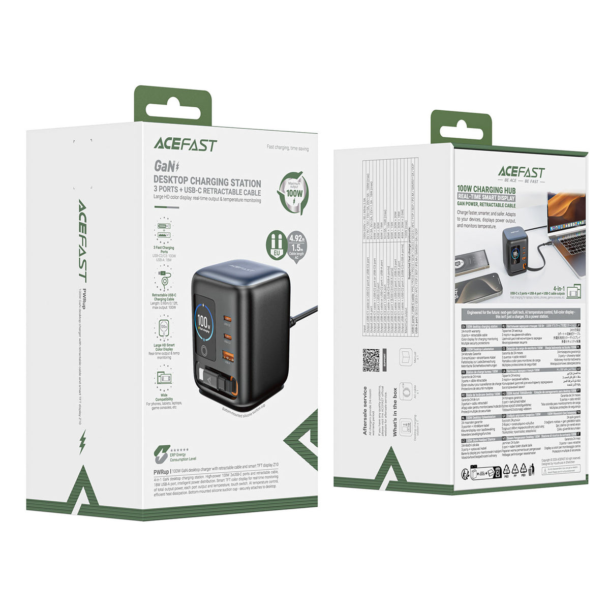 Acefast Z10 GaN 100W 3xUSB stalinis įkroviklis su USB-C kabelu ir TFT ekranu - juodas -- Cell phone chargers