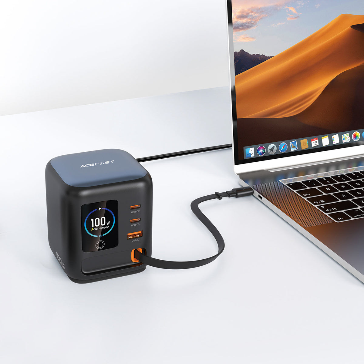 Acefast Z10 GaN 100W 3xUSB stalinis įkroviklis su USB-C kabelu ir TFT ekranu - juodas -- Cell phone chargers