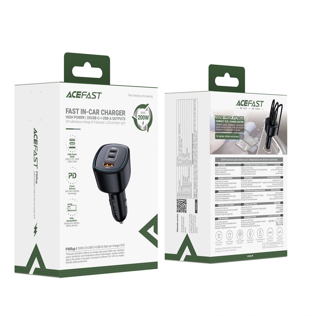 Acefast B18 200W automobilinis įkroviklis 2x USB-C + USB-A - juodas -- Car chargers