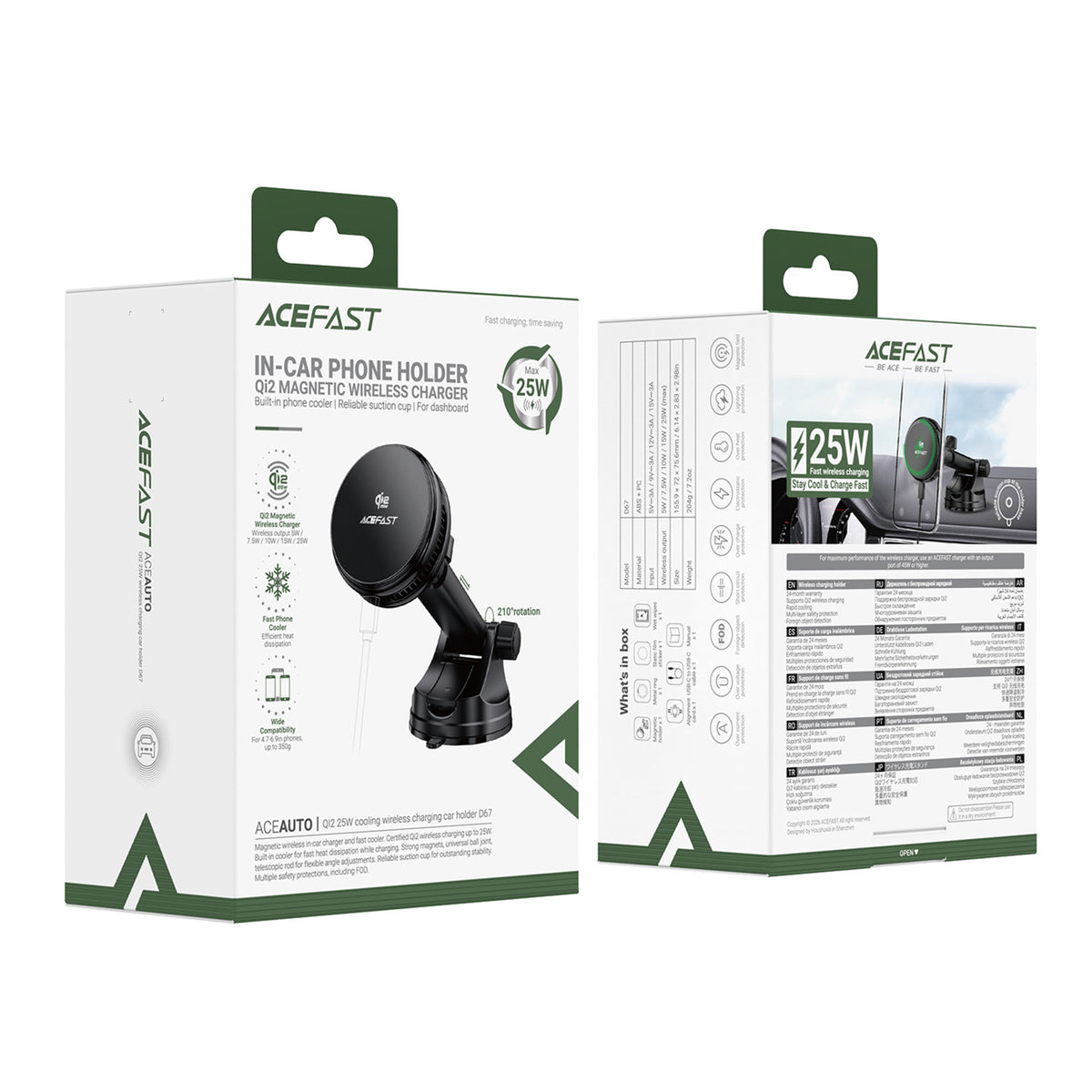 Acefast D67 magnetinis automobilio laikiklis prietaisų skydeliui su Qi2 25W belaidžiu įkrovimu ir aušinimu - juodas --...